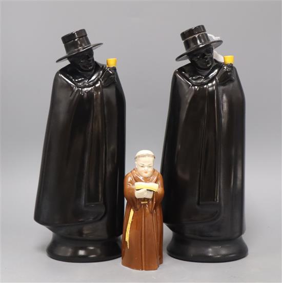 A pair of Doulton Sandemans decanters, 26cm and a Worcester porcelain snuffer